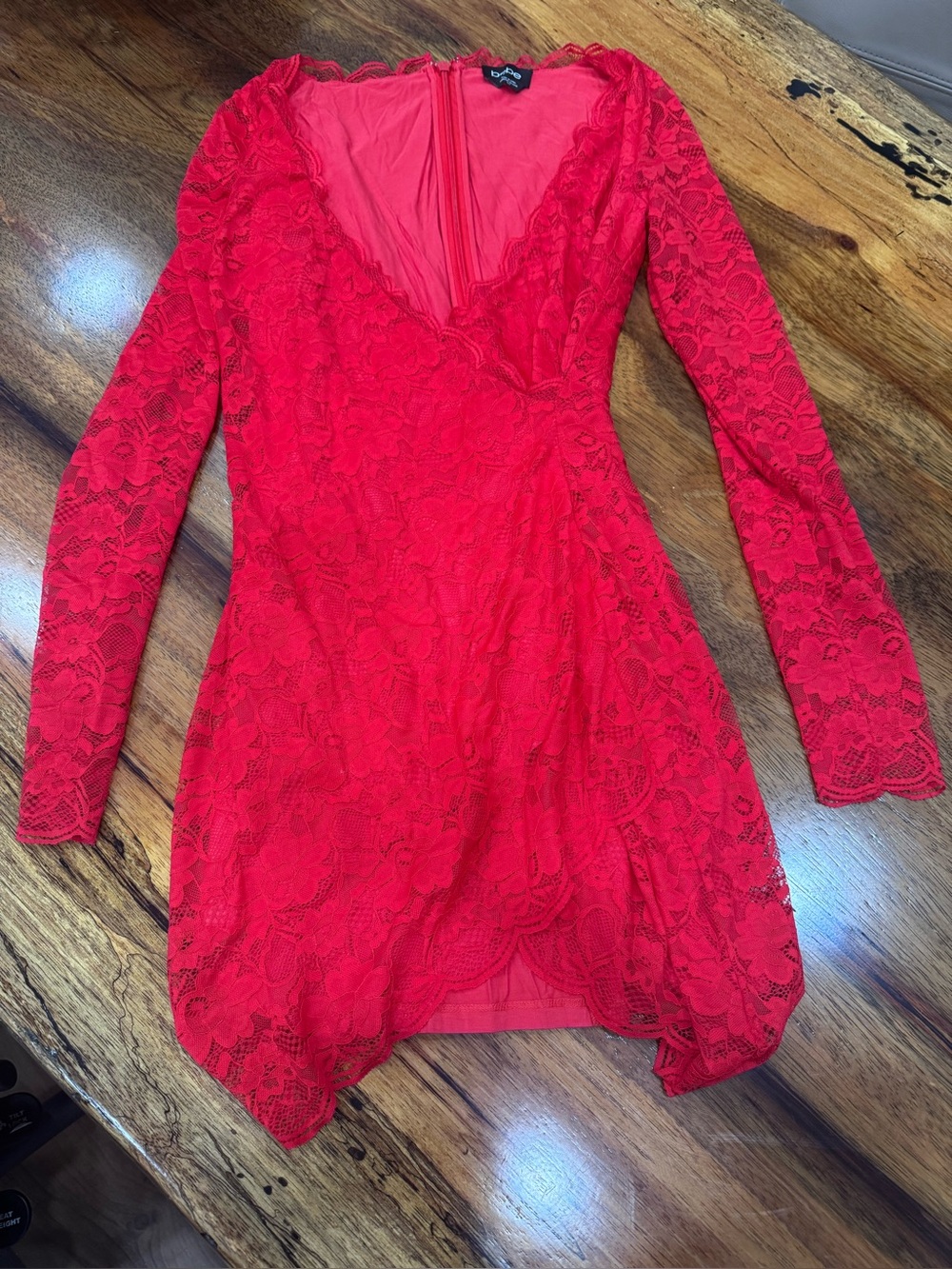 bebe Red Lace Long-Sleeve V-Neck Mini Dress
